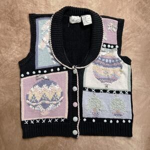 Vintage 90s Kathie Lee Pastel Patchwork Holiday Sweater Vest Christmas Ornament